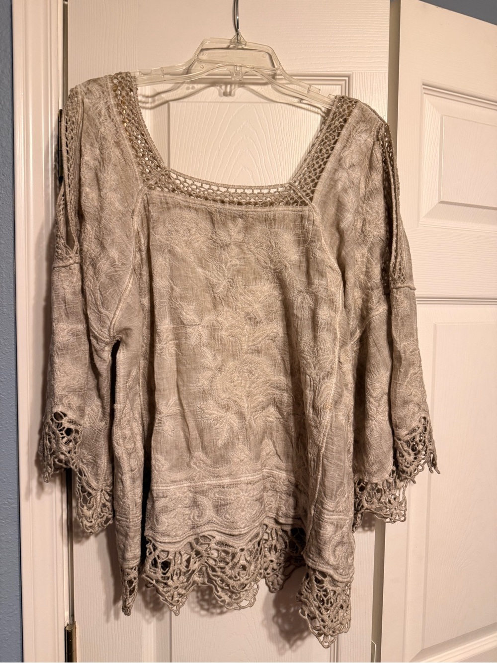Democracy Crochet-Trim Square Neck Tunic in Beige Taupe
